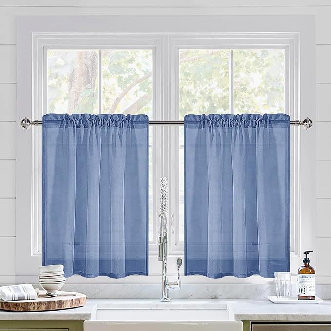 DWCN Sheer Curtains Semi Transparent Voile Rod Pocket Curtains for Bedroom and Living Room, Dusty Blue, 36 x 36 inches Long, Set of 2 Panels