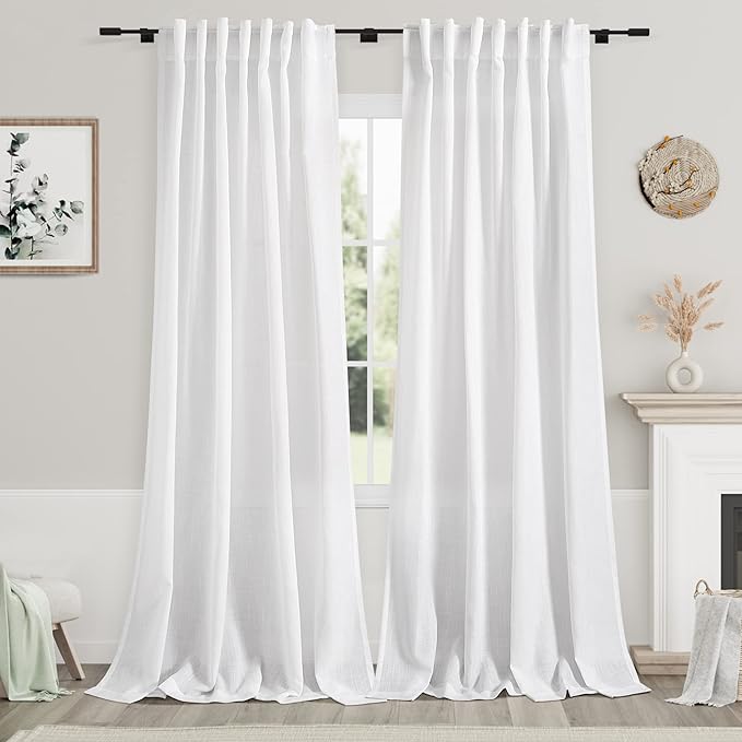 Nanspring Linen White Curtains 118 Inch Extra Long for Living Room Back Tab Light Filtering Semi Sheer Drapes Farmhouse Decor Linen Textured Curtain for Floor to Ceiling Window 2 Panels Set 52x118