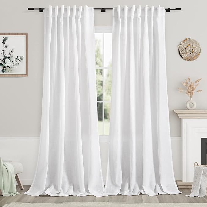 Nanspring White Linen Curtains for Living Room 101 Inches Long Extra Long Back Tab Curtains Farmhouse Light Filtering Semi Sheer Linen Drapes Ceiling to Floor for Large Window 2 Panels Set 52x101