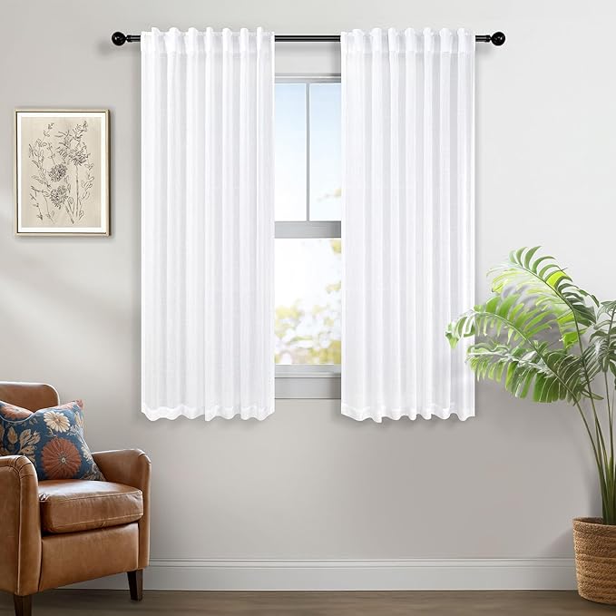Pitalk Solid White Curtains 54 Inch Length for Bathroom 2 Panels Set Rod Pocket Back Tab Linen Organic Look Light Filtering Semi Sheer Energy Efficient Curtains for Boys Nursery Childrens Room 52x54