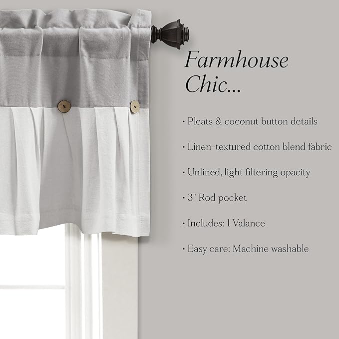 Lush Decor Linen Button Farmhouse Valance Curtians 84"W x 18"L Gray & Off White - Linen Valances For Windows - Kitchen Curtains Valances