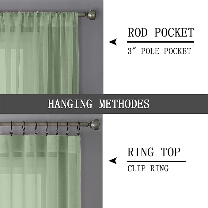 Tollpiz Short Sheer Curtain Linen Textured Bedroom Curtains Sheer Light Filtering Rod Pocket Voile Curtain for Living Room, 54 x 54 inches Long, Sage Green, Set of 2 Panels