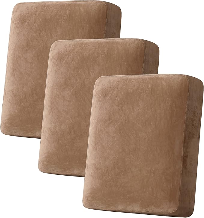 H.VERSAILTEX Velvet Stretch Couch Cushion Cover Plush Cushion Slipcover for Chair Loveseat Sofa Cushion Furniture Protector Seat Cushion Sofa Cover (3 Piece Sofa Cushion Covers, Camel)