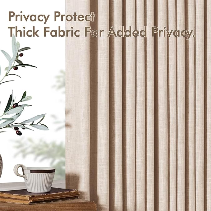 MIULEE Pinch Pleated Thick Linen Curtains 90 Inches Long 2 Panels for Living Room Bedroom, Linen Textured Memory Trained Pleat Drapes Back Tab Light Filtering Sand Beige Window Curtains with Hooks