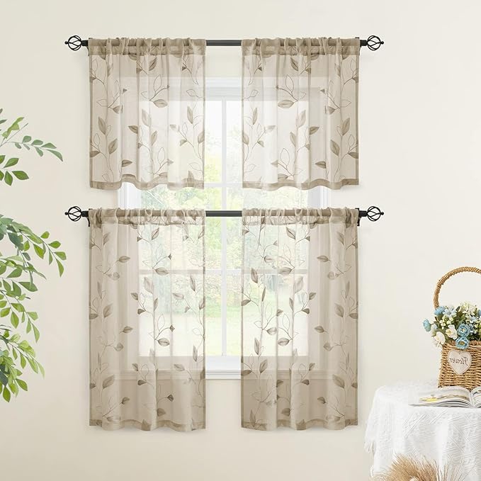 HOMEIDEAS Taupe Sheer Kitchen Curtains 30 X 36 Inch Length 2 Panels Beige Embroidered Leaf Pattern Short Curtains for Small Window Valance Tiers