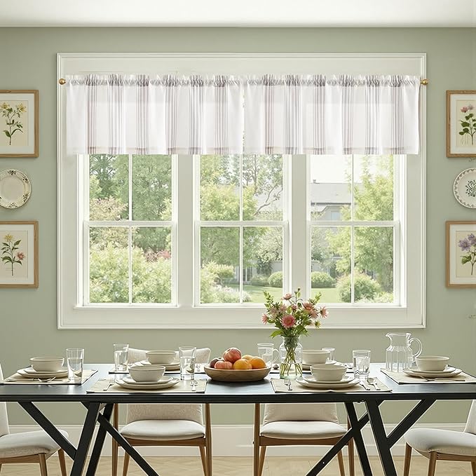 jinchan Striped Linen Valance Curtain 16 Inch Vertical Striped Valance for Kitchen Bathroom Light Filtering Rod Pocket Cottagecore Farmhouse Semi Sheer Short Window Curtain 1 Panel Grey