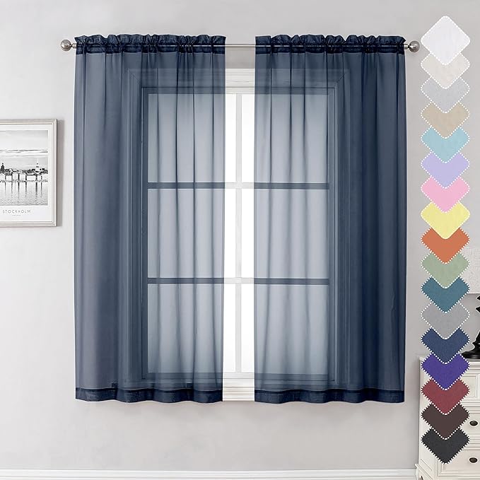 Lecloud Navy Blue Sheer Curtains 63 Inch Long 2 Panels, Elegant Voile Drapes for Dinning Small Windows, Light Filtering Voile Curtain for Living Room Bedroom Bathroom, Dual Rod Pocket, 40" Wx63 L