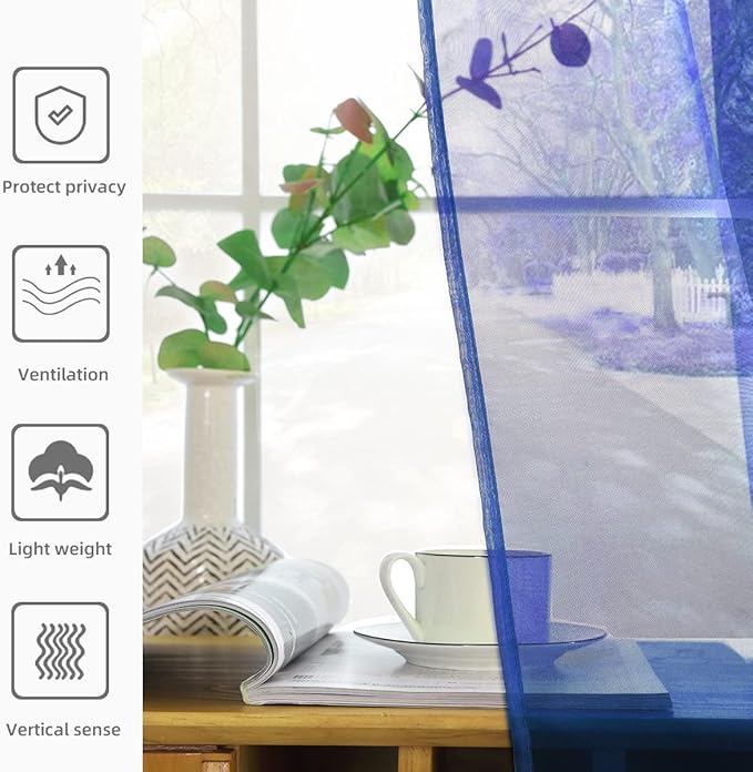 youleyar Solid Sheer Rod Pocket Curtain Voile Draperies 2 Panels White Beige Black Grey Coffee 52 Inch Width 108 Inch Long 1 Pair for Kitchen Bedroom Children Living Room Yard (Sapphire,52Wｘ108L)