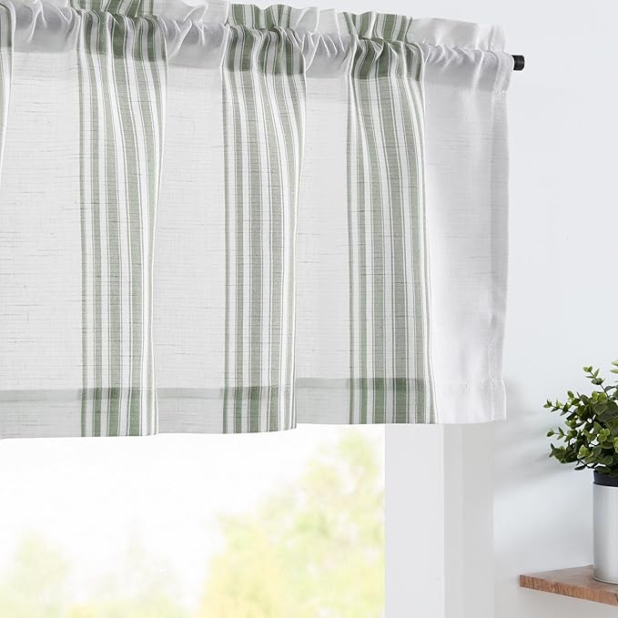 jinchan Striped Linen Valance Curtain 16 Inch Vertical Striped Valance for Kitchen Bathroom Light Filtering Window Treatment Rod Pocket Farmhouse Rustic Semi Sheer Short Window Curtain 1 Panel Green