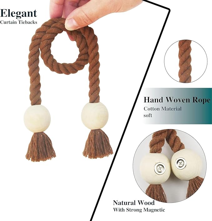 4 Pack Magnetic Curtain Tiebacks Cotton Hand Woven Tie Back Decorative Rope Holdbacks for Curtains Draperies No Tools Required, Khaki
