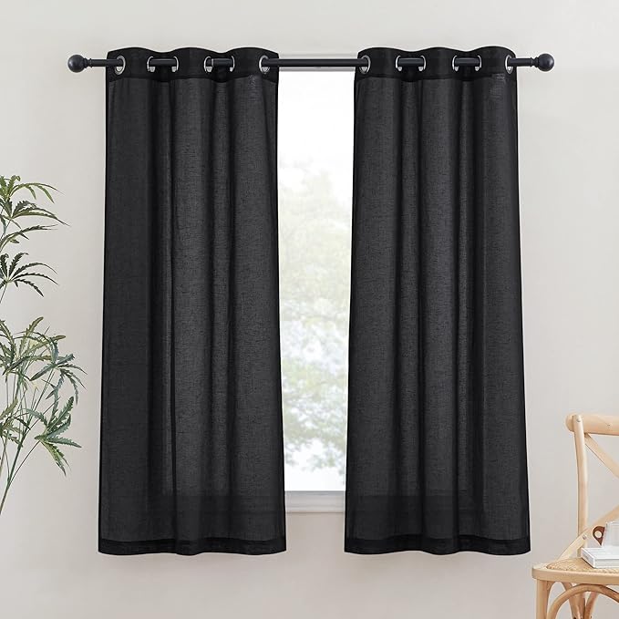 NICETOWN Black Sheer Curtains for Bedroom, Grommet Linen Blend Semi Sheer Window Drapes Privacy Light Reducing Drapes for Boys Room, W36 x L63, 2 Panels