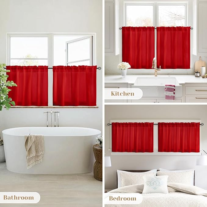 HOMEIDEAS Christmas Non-See-Through Red Privacy Sheer Kitchen Curtains, 30 X 36 Inches Long 2 Panels Short Sheer Curtains Light Filtering Bathroom Window Drapes for Bedroom Living Room