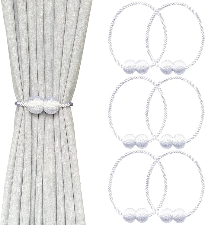 Melaluxe 6 Pack Magnetic Curtain Tiebacks, Decorative Curtain Holdbacks for Window Décor (White)