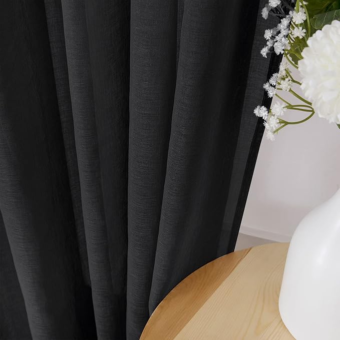 Tollpiz Short Sheer Curtains Linen Textured Living Room Curtain Sheers Light Filtering Rod Pocket Voile Curtains for Bedroom, 42 x 45 inches Long, Black, Set of 2 Panels