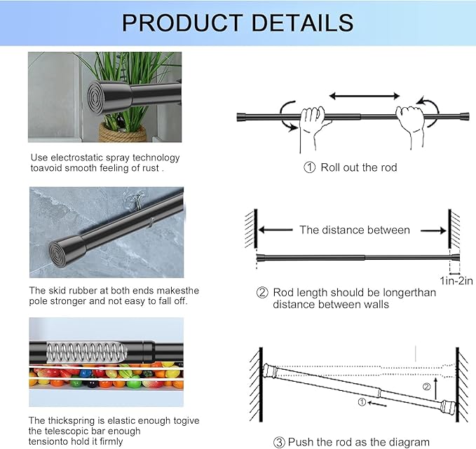 AIZESI Black Spring Tension Rods Adjustable 26 to 39 Tension Curtain Rod Small Tension Rod No Drilling Expandable Spring Loaded Curtain Tension Rod,Suitable for Doors and Windows 26 to 36 inch (3Pcs)