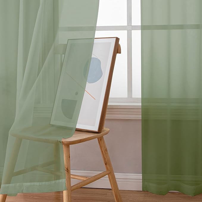Simplebrand Sage Green Sheer Curtains 84 Inches Long, Light Filtering Rod Pocket Solid Color Window Sheer Curtain Panels, Elegant Curtains & Drapes for Living Room, Bedroom 2 Panels, 59" W x 84" L