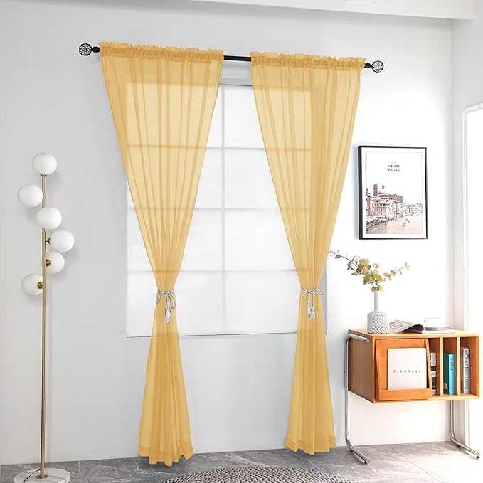 youleyar Solid Sheer Rod Pocket Curtain Voile Draperies 2 Panels White Beige Black Grey Ivory 52 Inch Width 84 Inch Long 1 Pair for Kitchen Bedroom Children Living Room Yard (Gold,52Wｘ84L)