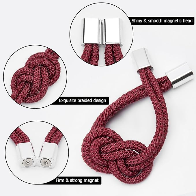 NICEEC 4 Pack Mini Magnetic Curtain Tiebacks Nordic Simple Style Drape Tie Backs Elegant Hand Weave Rope Knot Decorative Curtain Holdbacks for Home & Office Thin Window Drapery (Wine Red)