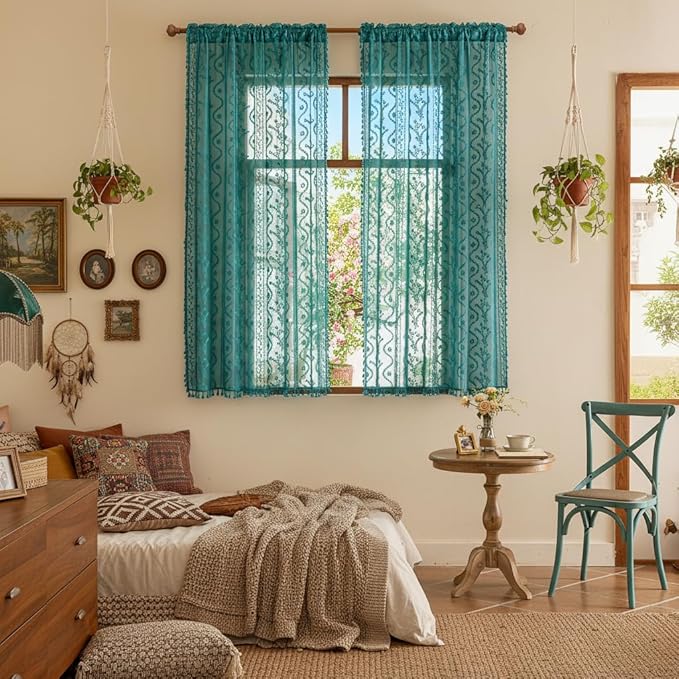 WAZZIO Boho Lace Curtains 2 Panels 72 Inch -Victorian Sheer Panel Drape French Country Floral Pattern & Tassel Light Filtering Privacy for Bedroom Dining Living Room,Coastal Decor,Teal,W52x L72