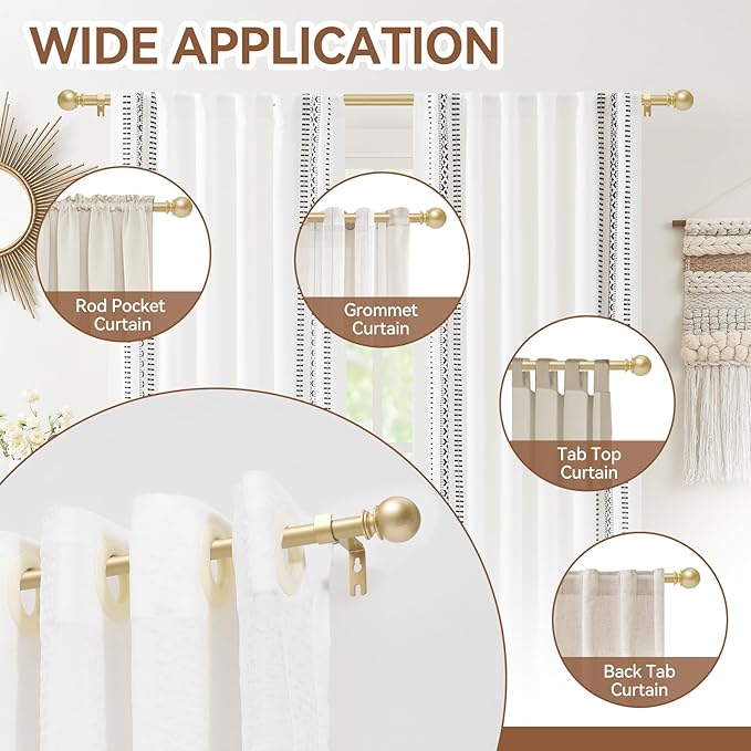 Gold Curtain Rod for Windows 66 to 120 Inch, 5/8 Inch Diameter Adjustable Curtain Rods With Brackets, Heavy Duty Easy to Install Curtain Rods for Bedroom, Outdoor Curtain Rod for Patio