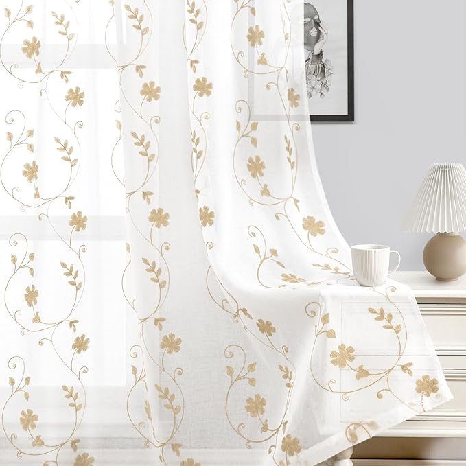 HOMEIDEAS Yellow Sheer Curtains 63 Inch Length 2 Panels Yellow and White Embroidered Floral Pattern Semi Sheer Window Curtains for Bedroom Living Room