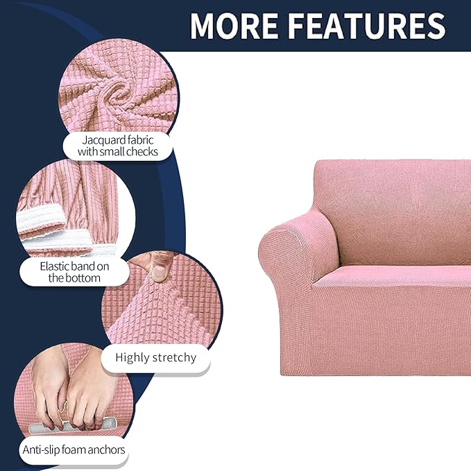 Cupuamon 2026 New Stretch Loveseat Sofa Slipcovers Couch Cover for 2 Cushion Furniture Protector Sofa Covers with Elastic Bottom Jacquard Fabric Small Checks for Pets, Kids - Dusty Pink