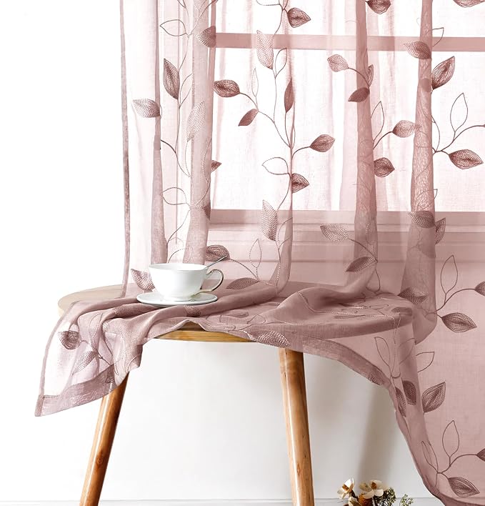 HOMEIDEAS Blush Pink Floral Sheer Curtains 63 Inches Long 2 Panels Embroidered Pattern Semi Sheer Window Curtains for Bedroom Living Room