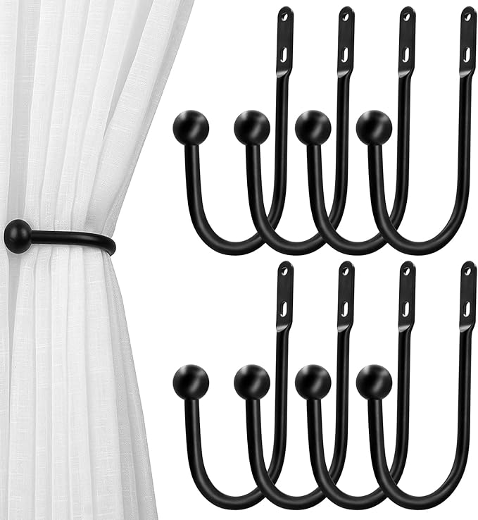 VRSS Wall Mount Curtain Tiebacks Drapery Holdbacks Curtain Holdback Hooks 6" L x 3" W Simple Style (8pcs Black)