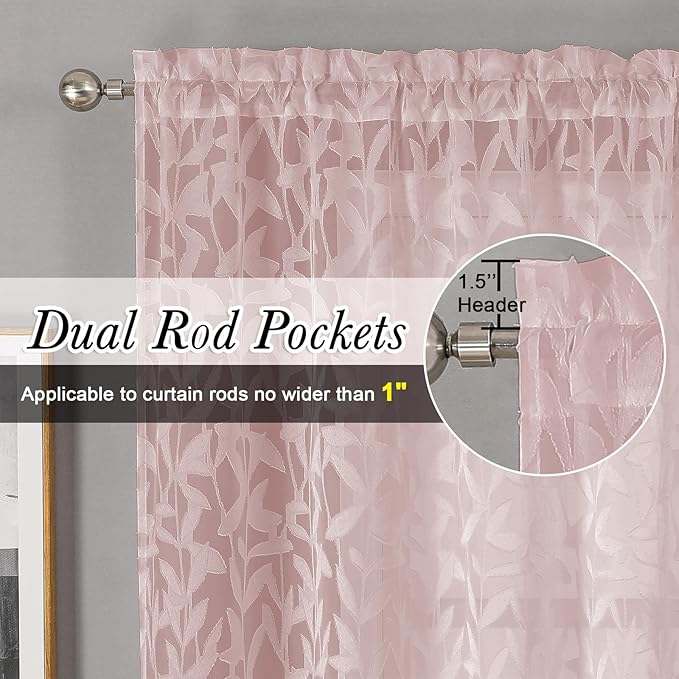 Lecloud Leia Clip Leaf Pink Sheer Curtains 63 Inch Length 2 Panels, Dual Rod Pockets Light Filtering Voile Blush Curtain for Living Room Bedroom, Farmhouse Jacquard Textured Short Drapes, 38W x 63L
