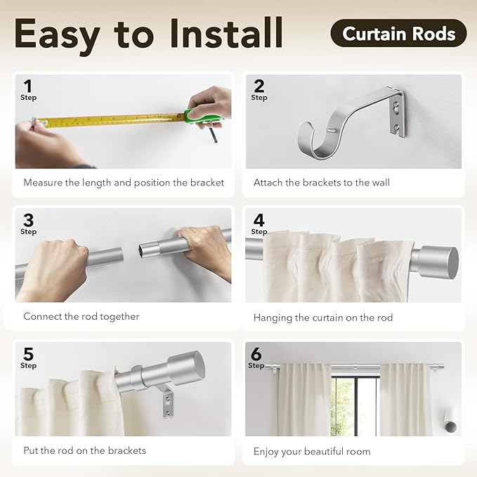 IFELS Heavy Duty Curtain Rods for Windows 48 to 84 Inch, 1 Inch Silver Curtain Rods for Outdoor, Farmhouse, Bedroom, Kitchen, Living Room, Adjustable Easy Install Drapery Rod (A2,Silver,30"-90")