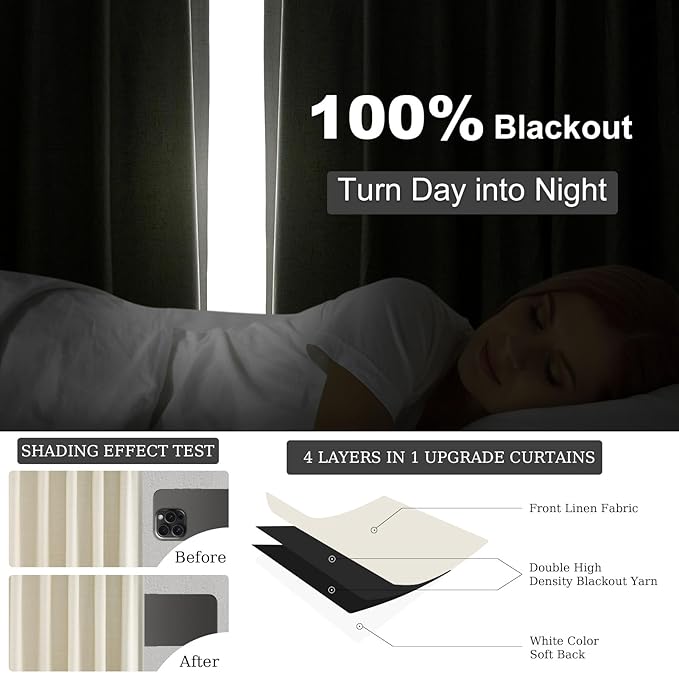 Cream Extra Long 120 Inch Blackout Curtains for Large Window Treatment Natural Farmhouse Thick Linen Texture Sound Proof Drapes Room Divider Pleat Ceiling Track Burg Bedroom 10Ft(W52 xL132 2 Panels)