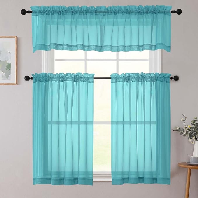 Kitchen Curtains 24 Inch Length Tier 2 Pieces, Turquoise Sheer Curtain Solid Soft Sheer Short Curtains for Windows, Cafe Bathroom Basement Rod Pocket Drapes, Each 42" Wx24 L Inches