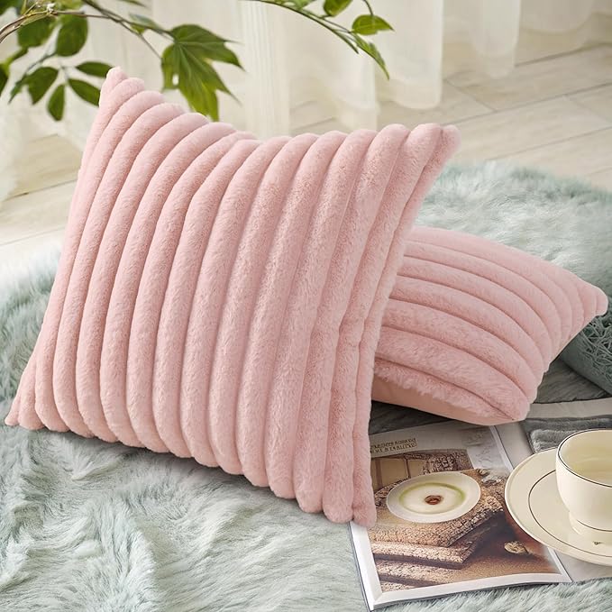 decorUhome Summer Cozy Faux Fur Throw Pillow Covers 18x18 Set of 2 Decorative Soft Plush Striped Modern Farmhouse Boho Couch Pillow Cases with Velvet Back for Sofa Bed Living Room, Pink