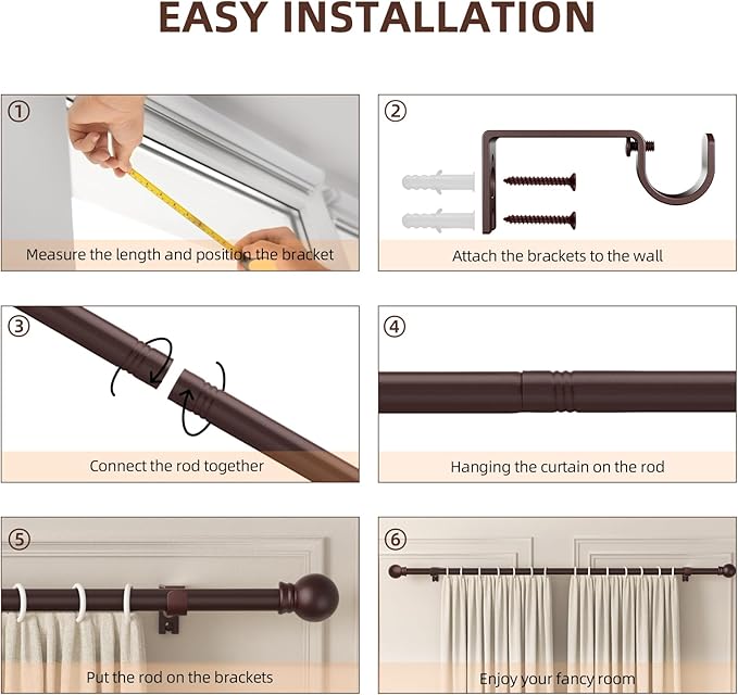 SMODBRODRE Curtain Rods for Window 32 to 120, Brown 5/8 inch Splicing Single Window Curtain Rod Set with Brackets