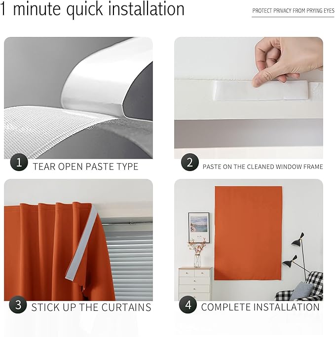 Self Adhesive Curtains Portable Blackout Curtain Simple and Easy to Install Bedroom Window Thermal Lnsulated Kitchen Room Darkening Black Small Drapes, 35" W X 71" L, Orange, 1 Panel