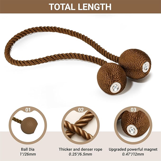 Hion Magnetic Curtain Tiebacks Dark Brown 2pcs, Curtain Tiebacks Buckles Holdbacks Holders Hooks Clip for Home Bedroom Office Decorative Curtain