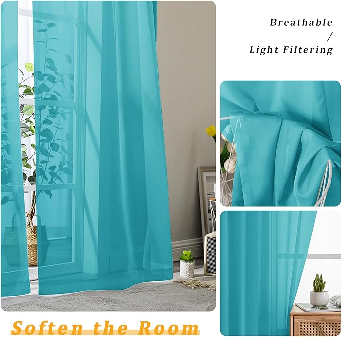 Gwine Turquoise Sheer Curtains 72 Inches Long 2 Panels Set for Front Door, Light Filtering Sheer Curtains for Living Room, Rod Pocket Window Treatments Drapes, Each 42" Wx72 L