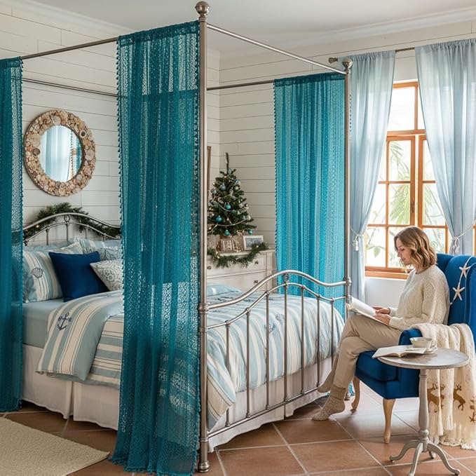 WAZZIO Boho Lace Curtains 96 Inches 2 Panel,Light Filtering Privacy Tassel & Geometry Crochet Semi Sheer Curtain Drapes for Bedroom Living Dining Room,Rod Pocket & Tassel,Coastal Style,Teal