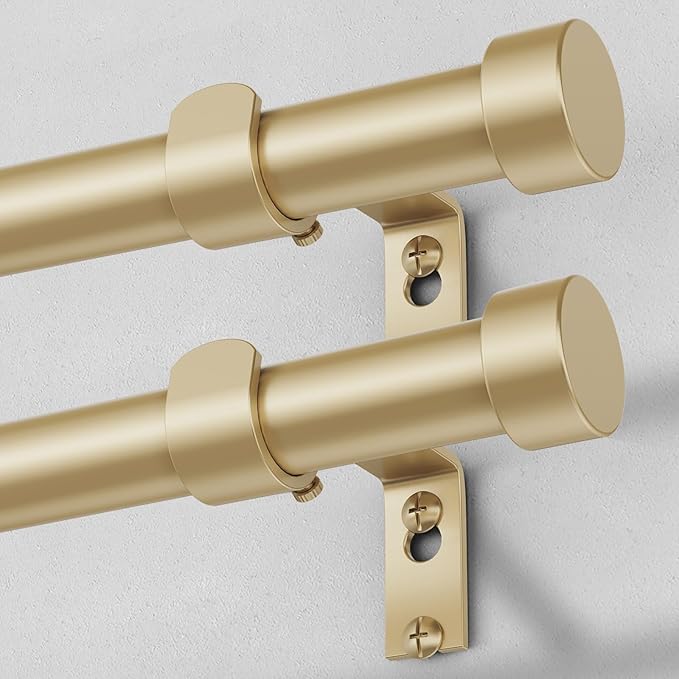 VOIIY 2 Pack Gold Curtain Rods for Windows 18 to 42 Inch(1.5-3.5 Feet),1" Diameter Drapery Rods with Modern Style End Cap Finials,Size:18''-42''