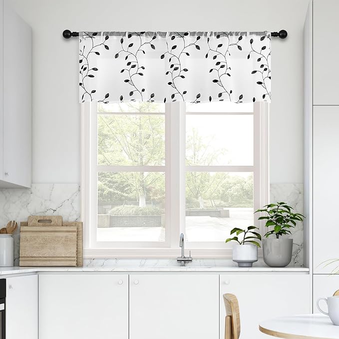 MRTREES Sheer Curtain Valance Rod Pocket, Voile Leaves Embroidered Christmas Valance for Windows, Small Kitchen Curtain Topper Valance for Bedroom/Basement/Kitchen(1 Panels, 54"x16", Black Leaves)