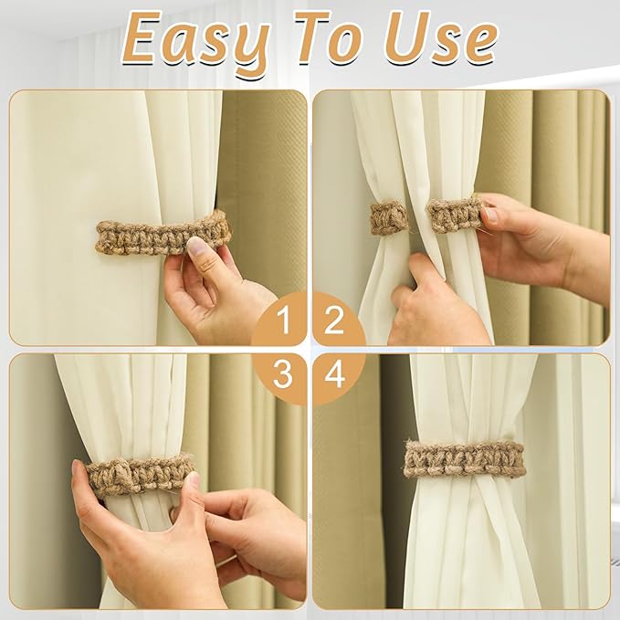 Ptwola 6 Pack Braided Curtain Tiebacks Boho Elegant Rustic Curtain Holdbacks Tie Backs Holders Set Simple Light Weight Drapes Decorative Accessories Handmade for Home Office Bedroom Window (6, Linen)