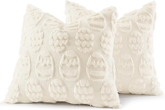 decorUhome Easter Cream White Egg Pillow Covers 16x16 Inch Set of 2, Soft Plush Faux Wool Jacquard Cushion Covers, Farmhouse Neutral Fuzzy Spring Easter Holiday Decor for Couch Sofa Bed