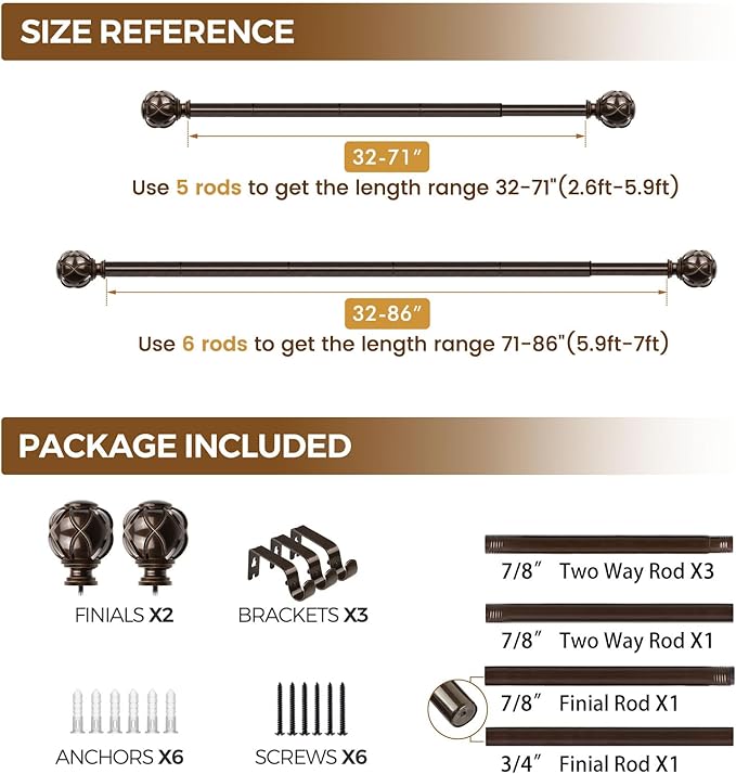 KAMANINA Curtain Rods for Windows 48 to 84 Inch, Antique Bronze Heavy Duty Curtain Rod Adjustable, 7/8 Inch Single Decorative Drapery Rod 32 to 86 Inch(2.6-7.1Ft), Netted Texture End