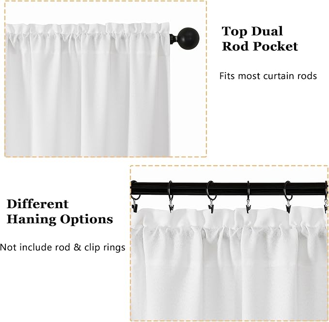 OWENIE White Valances for Windows 1 Pcs 18 Inch Length, Light Filtering Textured Short Small Valance Curtains for Bathroom Basement Living Room Bedroom, Half Window Curtains Over Sink, 60" W by 18" L