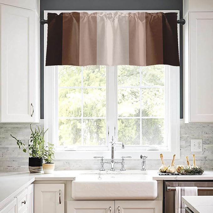 Emvency 2 Pack Valances Window Treatments, Striped Neutral Brown Minimalist Beige Retro Drapes Adjustable Curtain for Windows Living Room Kitchen Over Sink, 52x18 Inch Rod Pocket Valances