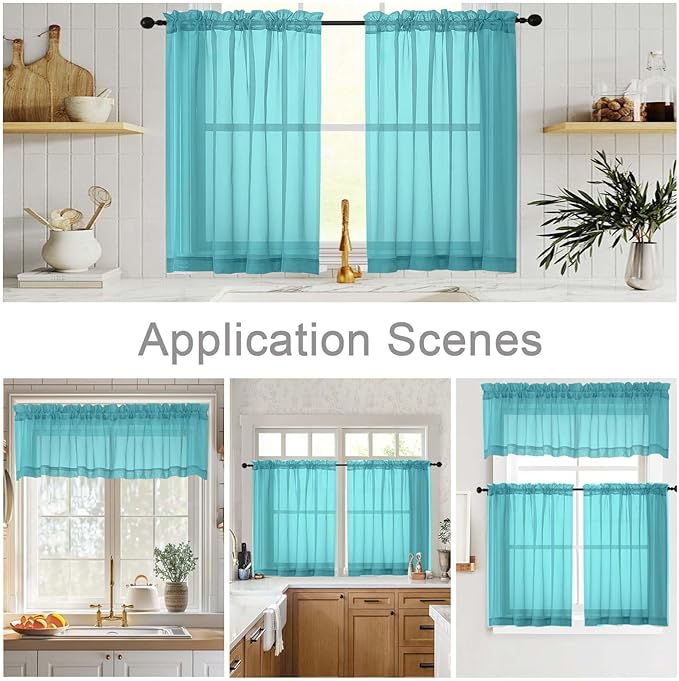 Kitchen Curtains 24 Inch Length Tier 2 Pieces, Turquoise Sheer Curtain Solid Soft Sheer Short Curtains for Windows, Cafe Bathroom Basement Rod Pocket Drapes, Each 42" Wx24 L Inches