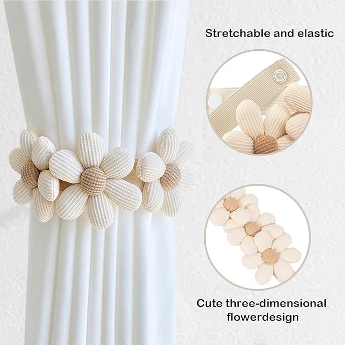 SRG Sunflower Curtain Tiebacks-2 Pack | Daisy Curtain Holdbacks Three Flower | Curtain Tiebacks Boho | Japanese Curtain Ties | Cute Flower Curtain Ties Decorative for Bedroom Window Treatment （Cream）