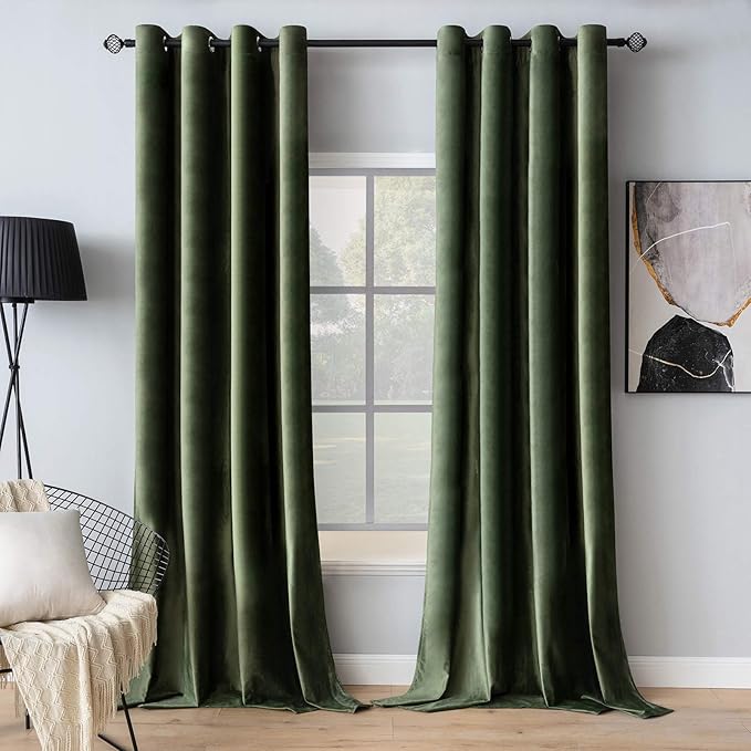 MIULEE 90 Inches Velvet Curtains Olive Green Elegant Grommet Curtains Thermal Insulated Soundproof Room Darkening Drapes for Classical Living Room Bedroom Decor 52 x 90 Inch Set of 2
