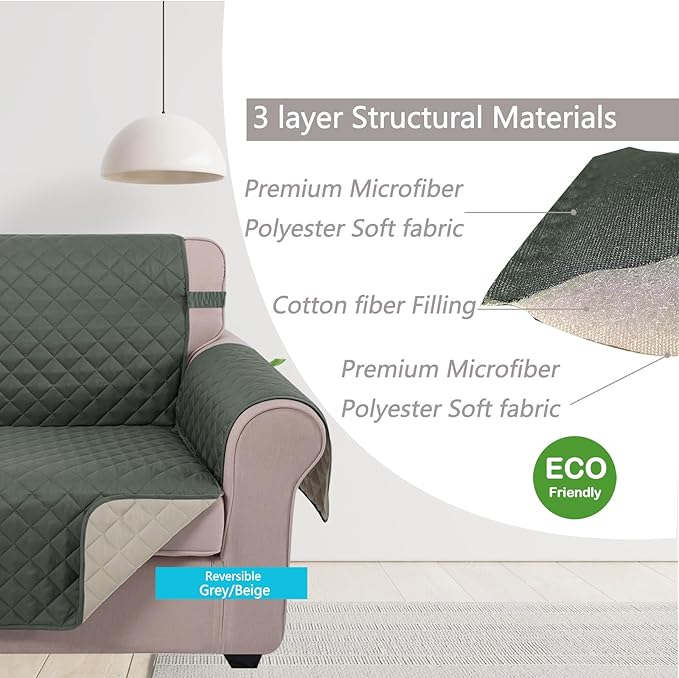 U-NICE HOME Loveseat Sofa Cover Reversible Couch Cover for Dogs Pets with Elastic Straps Water Resistant Furniture Protector for 2 Cushion Couch (Loveseat, Grey/Beige)