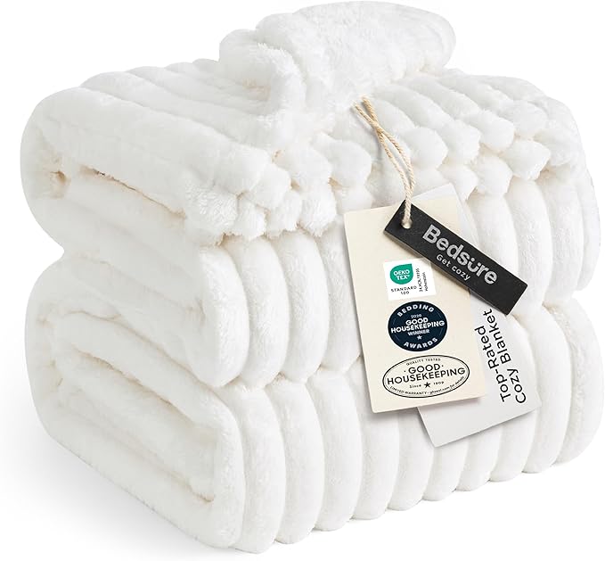 Bedsure GentleSoft California King Size White Fleece Blanket for Bed - Cozy Soft Blankets for Women, Cute Large Throws for Girls, Off White, 102x96 Inches